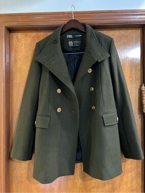 ZARA Olive Green Manteco Wool Blend Double Breasted Coat Size S